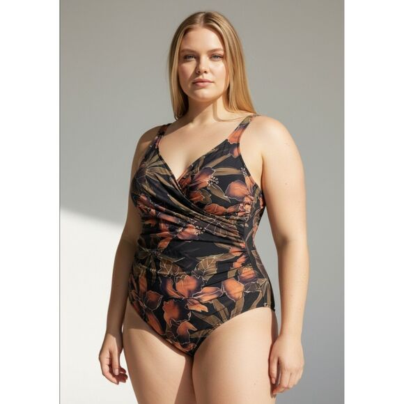 Miraclesuit Other - NWT Miraclesuit Size 18 One Piece Swimsuit Brown Floral Tummy Control Bathing